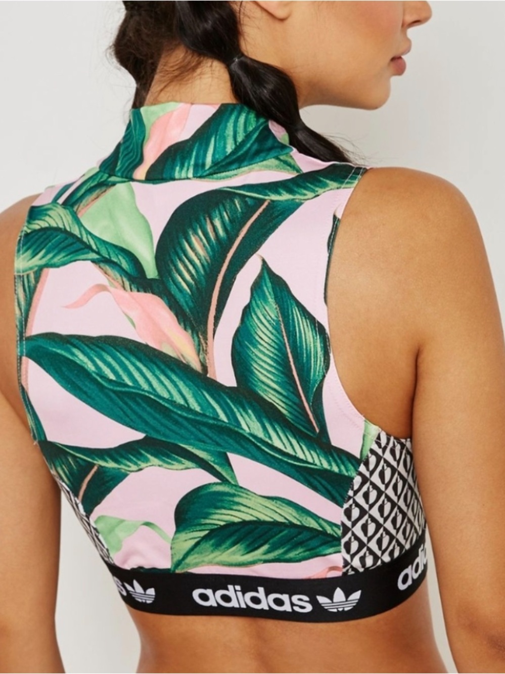 Adidas x Farm Rio Pink Green Palm Print Mockneck Crop Top Size Medium